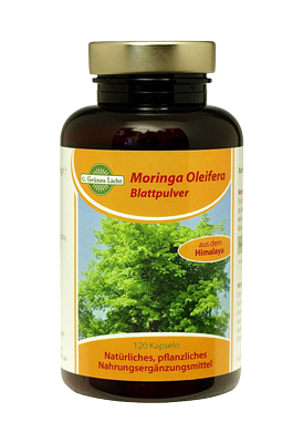Natürliche Nahrungsergänzungen Braunglas mit Moringa-Kapseln der Marke G. Grünes Licht, Link zu Produktübersicht
